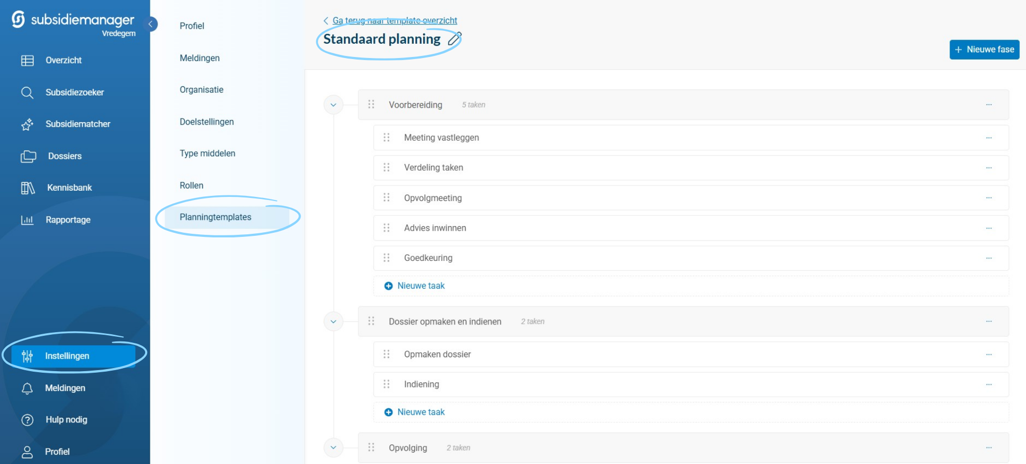 Planningtemplate éénmalig aanmaken onder instellingen.